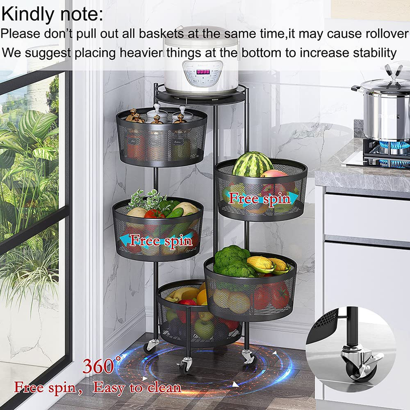Rack-Rotating Vegetable Rack Floor-Standing Rotating Storage Shelf Stand round Multi-Layer Kitchen Trolley 5 Tier Household Organizer with Wheels for Bathroom Living Room Bedroom (Black) Home & Garden > Kitchen & Dining > Food Storage IKESOMUE   