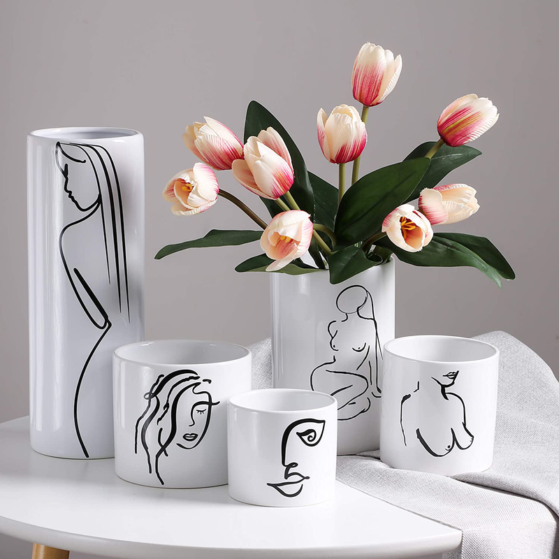 TERESA'S COLLECTIONS Modern Abstract Ceramic Vases, Decorative Face and Body Vases for Home Decor, Small White Vases for Table, Shelf, Living Room Decoration, Set of 5