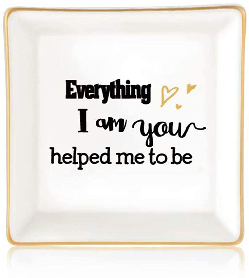 Gifts for Women Girls, Ceramic Ring Dish Decorative Trinket Plate Initial Jewelry Tray Dish, Mothers Day Valentines Gifts for Her Grandma Mom Daughter Sister Friend Birthday Home & Garden > Decor > Decorative Trays Giftjews Everything I am you helped me to be  