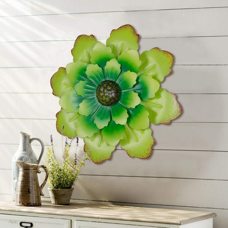 Green Metal Flower Home Accents Indoor or Outdoor Wall Sculptures Hanging Flowers for Bathroom Living Room Bedroom by 12.5"