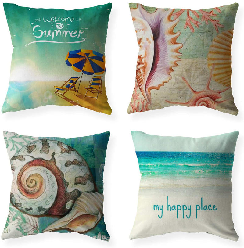 Luckycow Throw Pillow Covers Gift Pillowcase 18X18 Inch Set of 4 - Cotton Linen Blue Ocean Conch Beach Game Pillow Covers, Decorative Pillowcase for Home Sofa Bedding Couch Outdoor Cushion Covers. Home & Garden > Decor > Chair & Sofa Cushions LuckyCow   