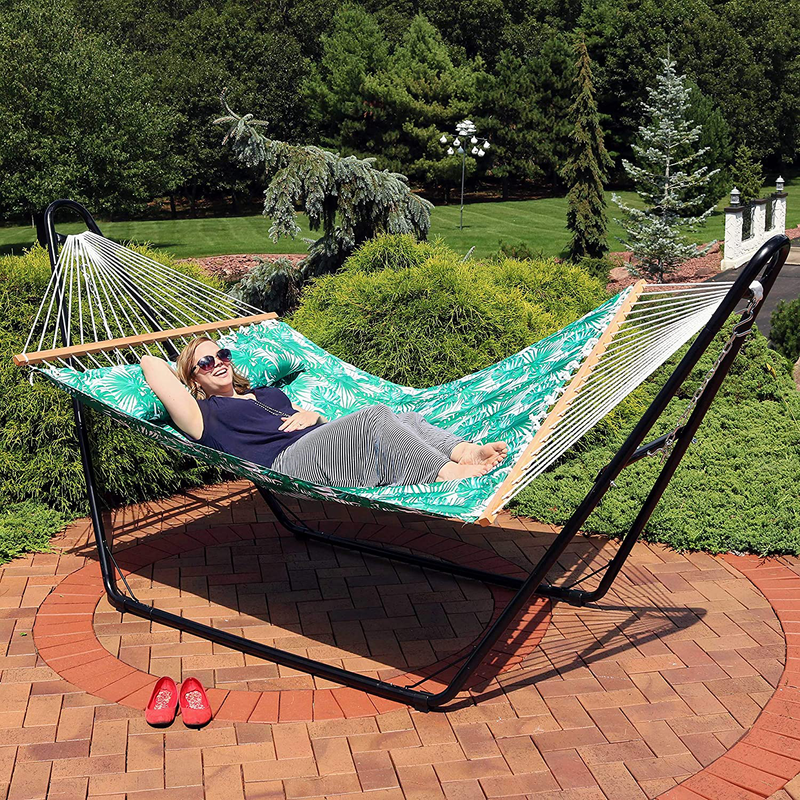Sunnydaze 2-Person Quilted Printed Fabric Spreader Bar Hammock and Pillow - Large Modern Cloth Hammock with Metal S Hooks and Hanging Chains - Heavy Duty 450-Pound Weight Capacity - Green Palm Leaves Home & Garden > Lawn & Garden > Outdoor Living > Hammocks Sunnydaze   