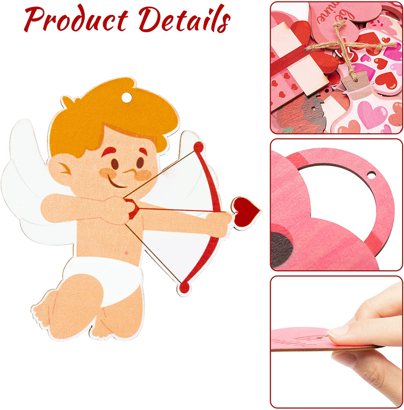 Haooryx 31Pcs Valentines Wooden Ornaments Hanging Decorations, Heart Teddy Bear Cupid Shaped Wood Craft Valentines Elements Wooden Pendant Tags with Rope for Valentine’S Day Party Gift Wedding Decor Home & Garden > Decor > Seasonal & Holiday Decorations Haooryx   