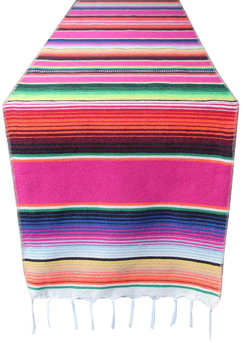 Mexican Serape Table Runner for Mexican Theme Party, Cinco de Mayo Fiesta Party, Day of Death Decorations, Falsa Classic Striped Fringe Pattern Cotton Blanket, Red,14x84 inches Home & Garden > Decor > Seasonal & Holiday Decorations& Garden > Decor > Seasonal & Holiday Decorations Toaroa Pink 1 