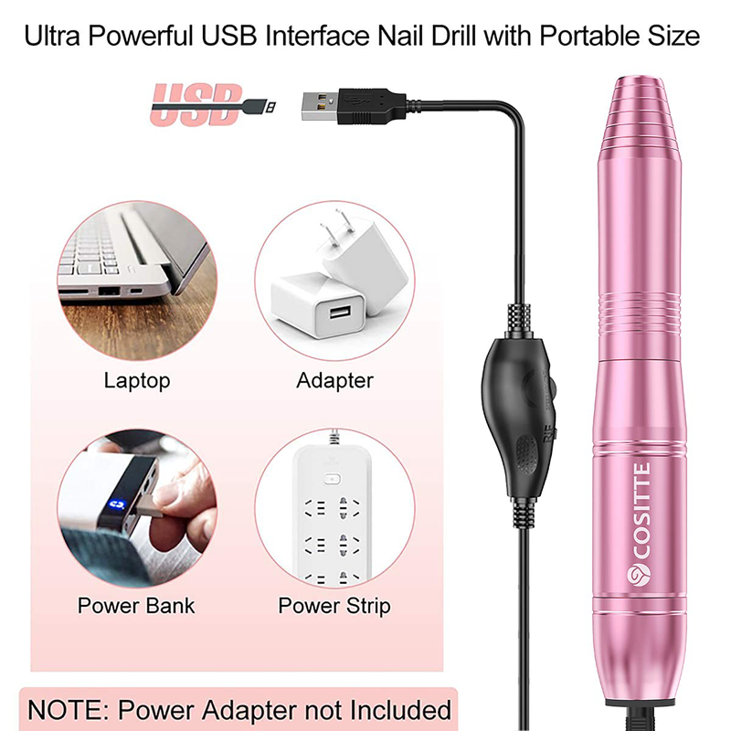 COSITTE Electric Nail Drill, USB Electric Nail Drill Machine for Acrylic Nails, Portable Electrical Nail File Polishing Tool Manicure Pedicure Efile Nail Supplies for Home and Salon Use, Pink