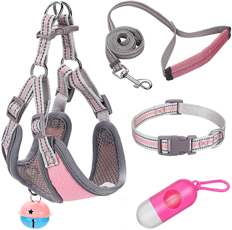 Molain Step-in Dog Harness Set with Quick Release Buckle, Reflective Adjustable Cat Puppy Vest Soft Air Mesh Harness for Indoor and Outdoor Use (Harness+Rope Leash+Collar+Waste Bags Dispenser+Bell) Animals & Pet Supplies > Pet Supplies > Cat Supplies > Cat Apparel Molain Pink(5 Pcs/Set) XS 