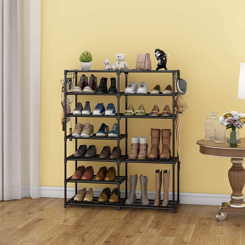 Shoe Rack Shoe Shelf Shoe Storage Organizer with Side Hooks for Entryway, 24-30 Pairs Metal Shoe Rack Taller Shoes Boots Organizer