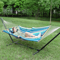 PNAEUT Large Double Hammock with Stand Included 2 Person Heavy Duty 2 People Rope Hammocks and Stand for Outdoor Porch Patio Garden Outside with Pillow and Pad Max 450lb Capacity (Blue) Home & Garden > Lawn & Garden > Outdoor Living > Hammocks PNAEUT Green  