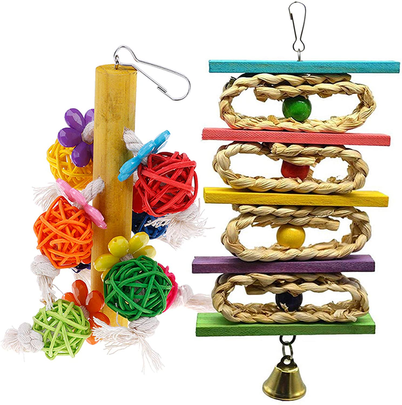 kathson 2 Pack Bird Chewing Toys, Parrot Hanging Colorful Rattan Ball Toy, Wooden Block Cage Bite Toys Suitable for Small Pet Birds Like Parakeet, Conure, Lovebirds, Cockatiels Animals & Pet Supplies > Pet Supplies > Bird Supplies > Bird Toys kathson Default Title  