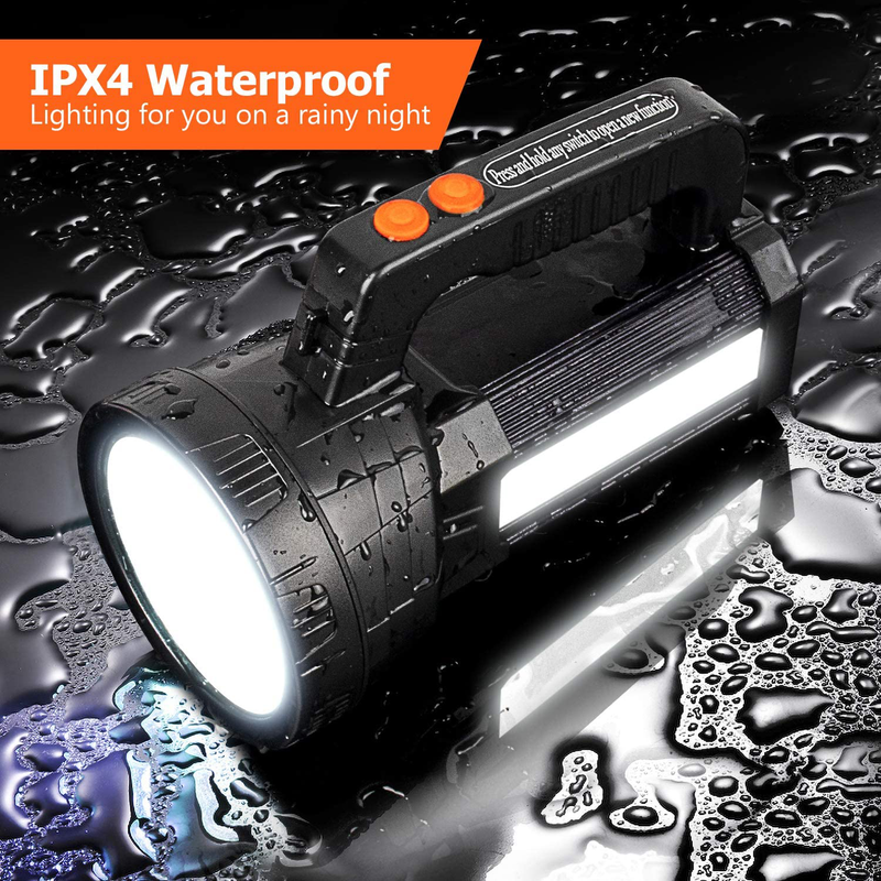 Super Bright LED Handheld Spotlight Tactical Flashlight Rechargeable 9600mAh 6000 Lumens CREE Bulb with USB Power Output Function Torchlight 6 Lights Modes Spot Light Waterproof Side Floodlight