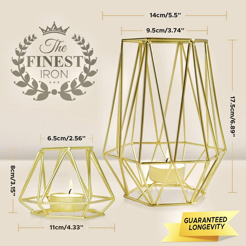 Set of 2 Gold Geometric Metal Tealight Candle Holders for Living Room & Bathroom Decorations - Centerpieces for Wedding & Dining Room, Coffee Side Tables & Shelf Decor - Holiday & Birthday Gifts Home & Garden > Decor > Home Fragrance Accessories > Candle Holders HÖKI+   