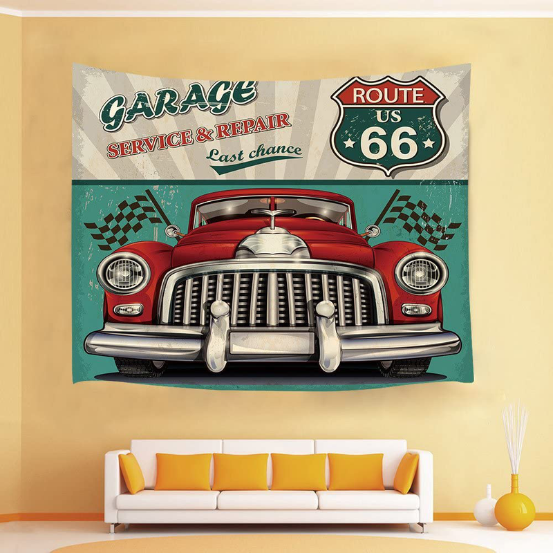 HVEST Retro Tapestry Vintage Car Wall Tapestry Route 66 Tapestry For Garage Decor Bedroom Living Room Dorm Wall Decor, 60W X 40H Inch Home & Garden > Decor > Artwork > Decorative Tapestries HVEST   