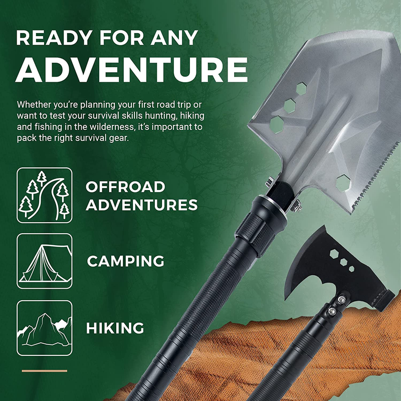 Survival Shovel - Folding Multitool and Carry Case - Extendable Tactical Shovel- Axe Are Great for Camping, Hiking, Utility Camp Tool- Shovel, Axe, Saw, Flashlight -Shovel Is 39" When Fully Extended
