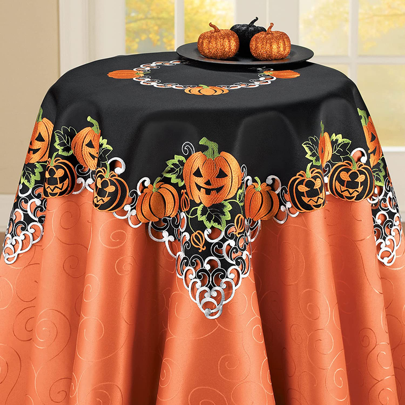 Collections Etc Halloween Pumpkins Table Runner/Topper Linens, Embroidered Festive Party Indoor Decorations, Square