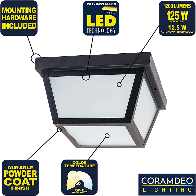 CORAMDEO 9.25” Square Ceiling Light, Porch Light, Entry, Outdoor Hallway, Damp Location, Built in LED Gives 125W of Light, 1200 Lumens, 3K, Black Powder Coat Finish with Frosted Glass Home & Garden > Lighting > Lighting Fixtures > Ceiling Light Fixtures KOL DEALS   