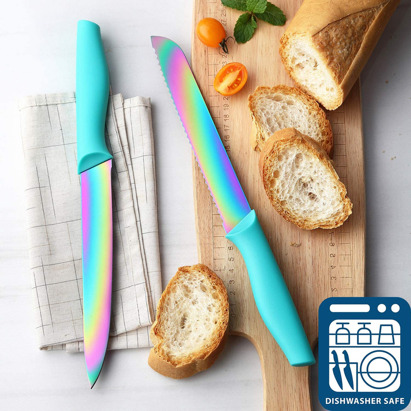 DISHWASHER SAFE Rainbow Titanium Cutlery Knife Set, Marco Almond KYA27 Kitchen Knives Set with Wooden Block, Rainbow Titanium Coating,Chef Quality for Home & Pro Use, Best Gift,14 Piece, Teal Home & Garden > Kitchen & Dining > Kitchen Tools & Utensils > Kitchen Knives Marco Almond   