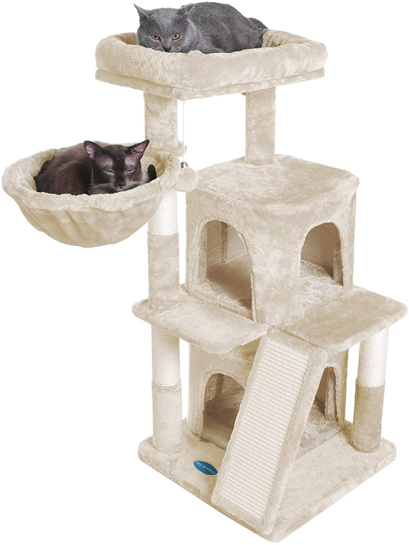 Hey-Brother 41.34 Inches Cat Tree with Scratching Board, 2 Luxury Condos, Cat Tower with Padded Plush Perch and Cozy Basket Animals & Pet Supplies > Pet Supplies > Cat Supplies > Cat Beds Hey-brother Beige  