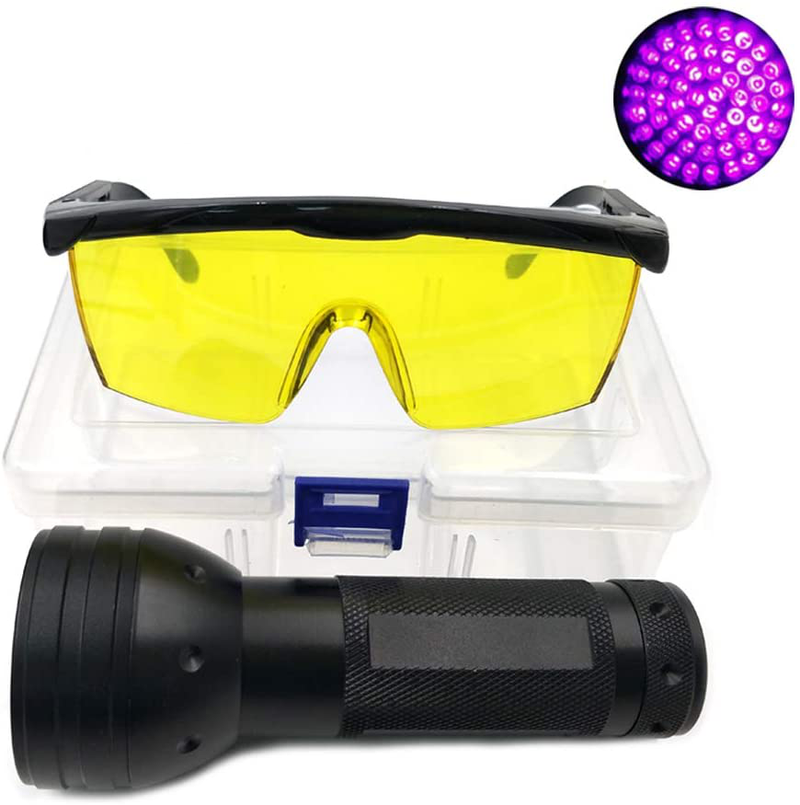 Nikauto UV Flashlight Black Light 51 LED Flashlight and UV Protective Glasses Goggles Detector Tool for Detecting pet Cat Dog Urine Repairing car Checking Money