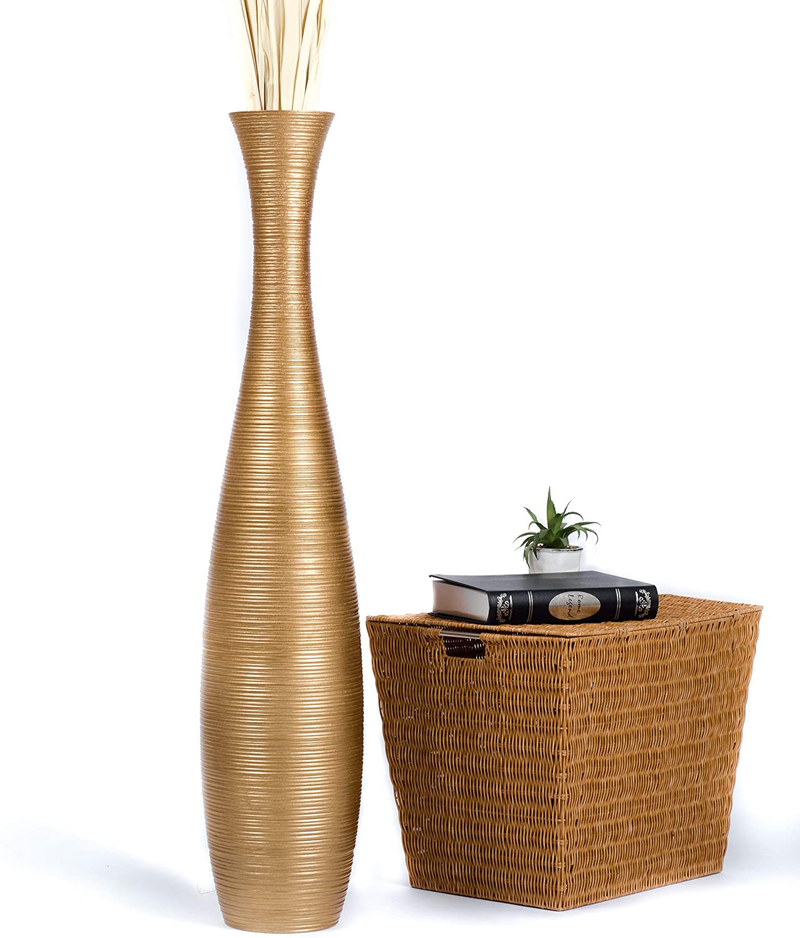 LEEWADEE Large Floor Vase – Handmade Flower Holder Made of Wood, Sophisticated Vessel for Decorative Branches and Dried Flowers, 36 inches, Brown Home & Garden > Decor > Vases LEEWADEE Gold 44 inches 
