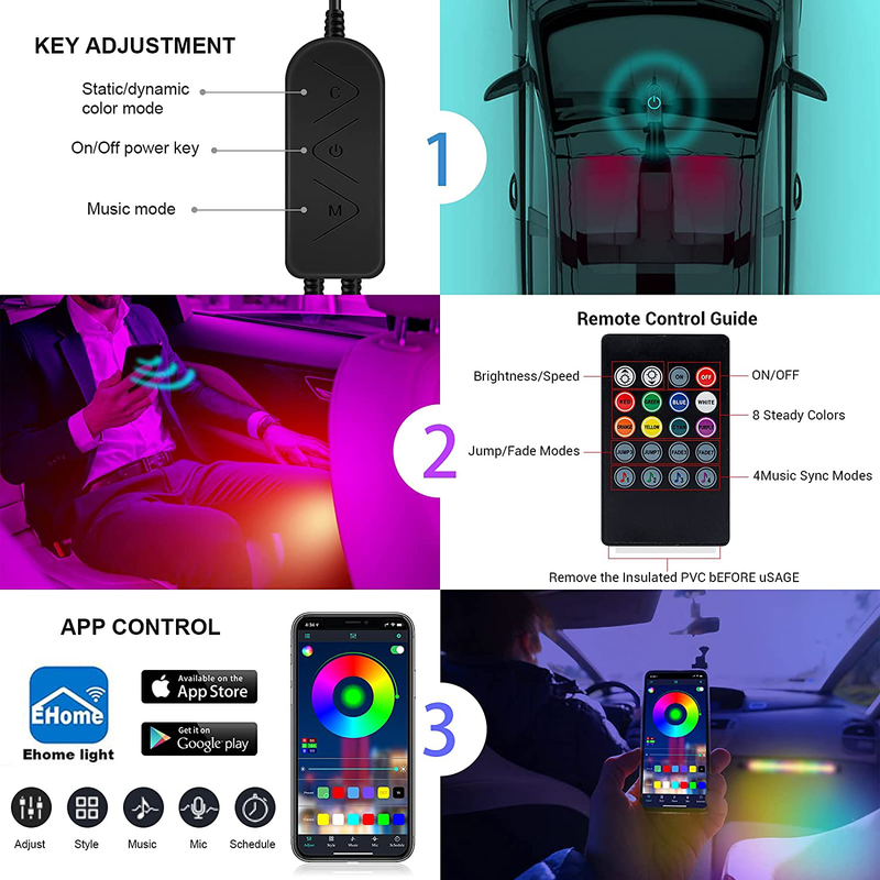 CT CAPETRONIX Interior Car Lights, Car Led Strip Lights Interior with APP and IR Remote, Upgrade 2-in-1 4pcs Waterproof RGB 48 LEDs Music Car LED Lights Under Dash Lighting Kit with Car Charger DC 12V Vehicles & Parts > Vehicle Parts & Accessories > Motor Vehicle Parts > Motor Vehicle Lighting 00001   
