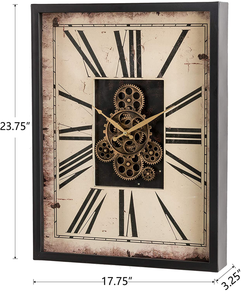 Glitzhome 23.75" H Vintage Wall Clock, Vintage Rectangle Gear Clock with Tempered Glass Roman Numeral Clock for Livingroom or Office Decoration