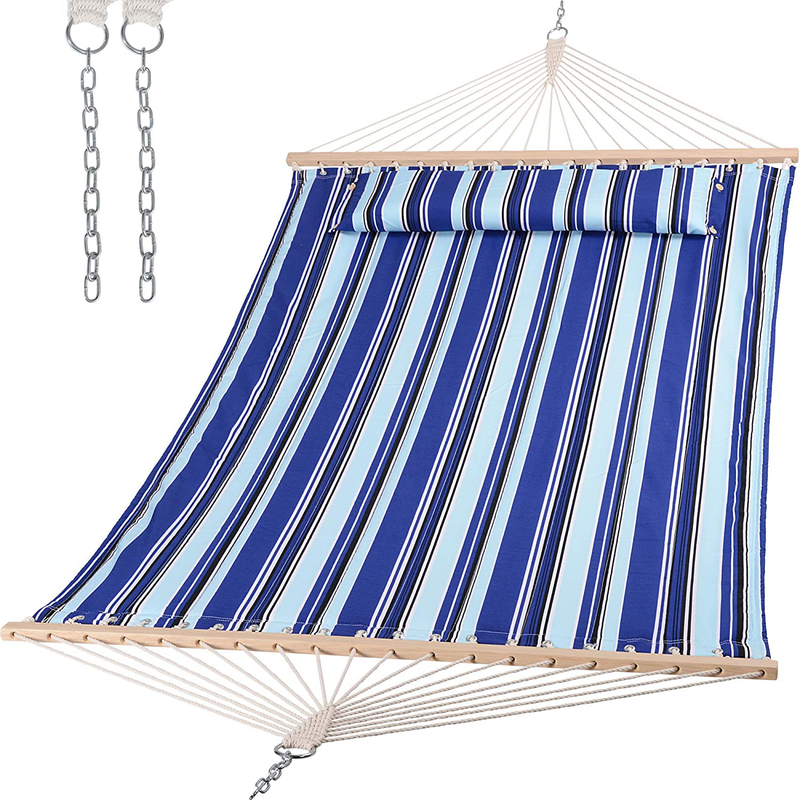 SUNCREAT Double Hammock Quilted Fabric Swing with Spreader Bar, Detachable Pillow, 55” x79” Large Hammock, Red Stripes Home & Garden > Lawn & Garden > Outdoor Living > Hammocks SUNCREAT Blue Stripes  