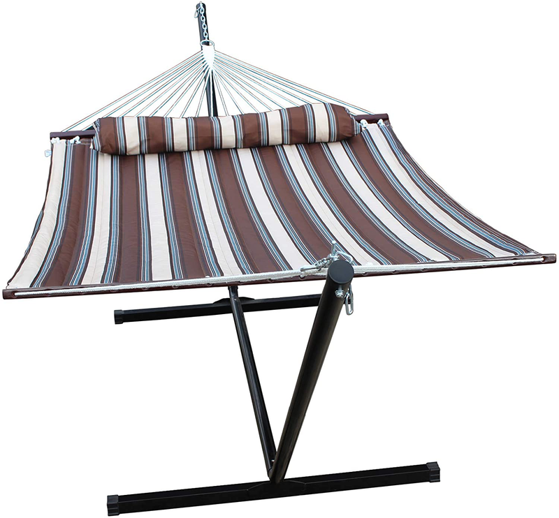 SUNLAX Hammock with Stand Included 12.5FT Portable Steel Stand and Spreader Bar, Detachable Pillow, Quilted Fabric Swing, Blue and Aqua Stripes Home & Garden > Lawn & Garden > Outdoor Living > Hammocks SUNLAX Coffee Stripe Hammock with Stand 
