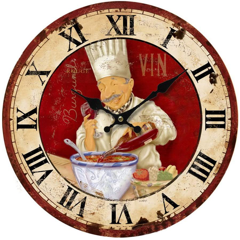 KiaoTime 13.5 inch Vintage Wall Clock Italian Cooking Chef Clock Non-Ticking Clock Kitchen Wood Wall Clock