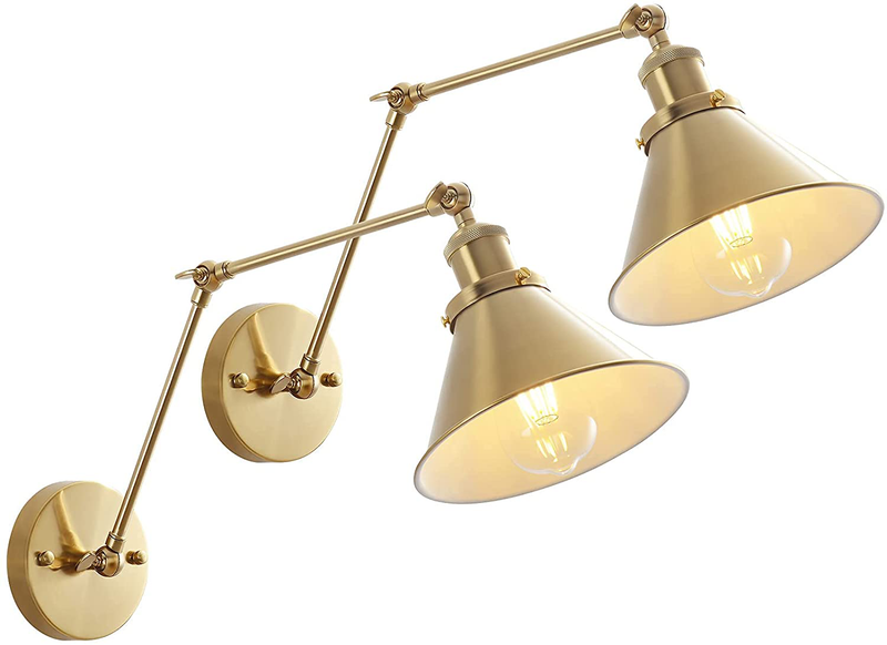 Gold Swing Arm Wall Lamp, Adjustable Hardwired Wall Sconce Set of 2 with Cone Shade Rotatable Arm Sconce- OVANUS