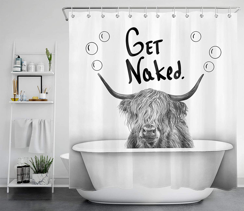 LB Funny Get Naked Shower Curtain Farmhouse Animal Highland Cow in Bathtub Bubble Cattle Shower Curtains Set Hooks Gray White Backdrop for Bathroom Decor,70x70Inch Waterproof Fabric Home & Garden > Decor > Seasonal & Holiday Decorations LB   