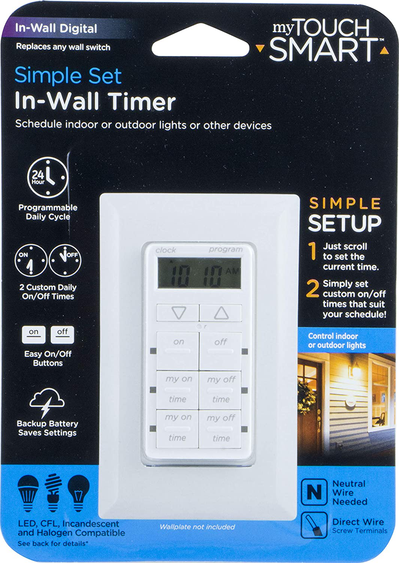 myTouchSmart 24-Hour in-Wall Digital Timer, 4 Programmable Easy On/Off Buttons, Daily Cycle, Simple Setup, Battery Backup, for Indoor/Outdoor Lights, Fans, 26893, 1, 2 Custom On/Off