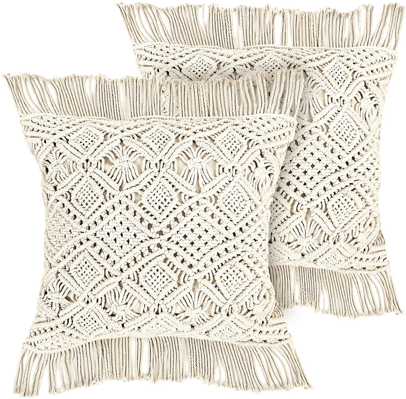 Livalaya Macrame Pillow Covers, 17 Inches Set of 2 Ivory Boho Throw Cushion Case, Farmhouse Woven Bohemian Pillow Covers with Tassels for Bed Sofa Couch Bench, Boho Home Decor, Decorative Pillowcase Home & Garden > Decor > Seasonal & Holiday Decorations Livalaya Ivory 17" x 17" 