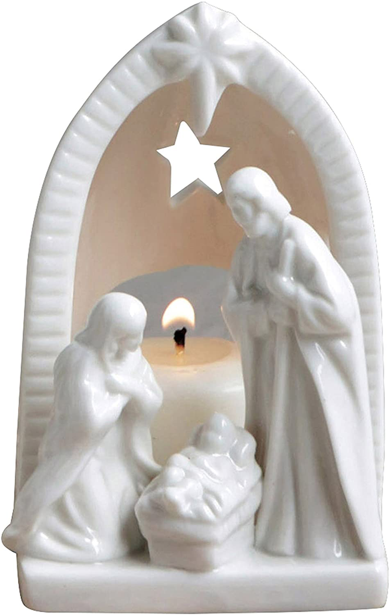 Creative Co-Op Ceramic Nativity Tealight Holder, 6.5 Inch, White