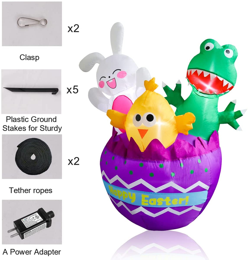 Meland 6FT Easter Inflatable Outdoor Decorations - Easter Blow up Yard Decorations with Bunny, Chick, Dinosaur in Easter Egg - Easter Inflatable Décor with Light for Party Indoor Ourdoor Garden Lawn Home & Garden > Decor > Seasonal & Holiday Decorations Meland   