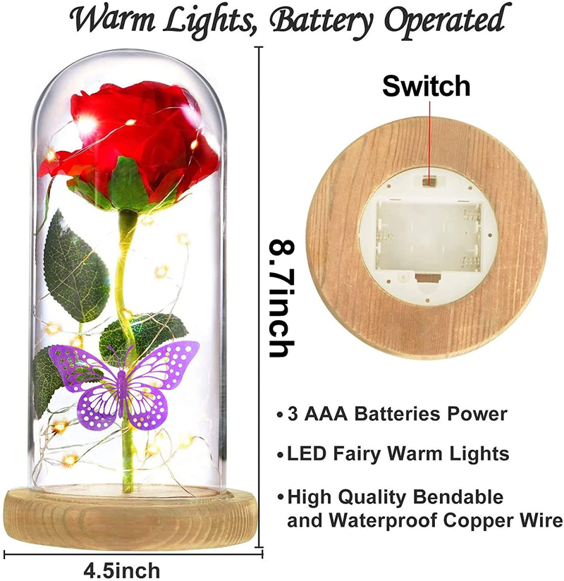 Igeekid Valentine'S Day Rose Gift for Her, Artificial Flower Red Silk Rose Warm Lights Butterfly Wooden Base Last Forever in Glass Dome Wedding Anniversary Valentines Gift for Women Girlfriend Wife