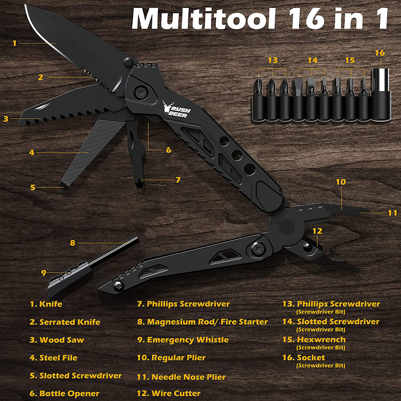 Multitool Knife,Rushdeer 16 in 1 Multi Tool Pliers Pocket Knife with Bottle Opener Fire Starter Screwdriver Etc.Christmas Gifts Stocking Stuffers for Men Women.Great for Camping Work Survival Outdoor