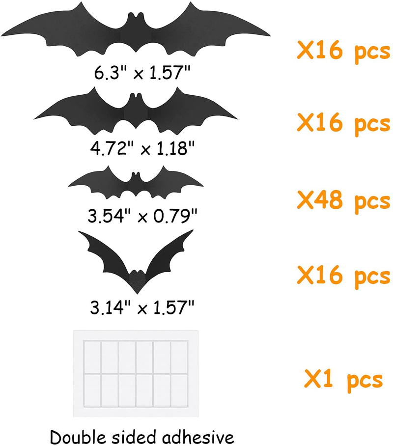 Ouddy 96 Pack Halloween Bats, 3D Bat Decor Stickers Vintage Halloween Decorations Indoor Bats Wall Decor, PVC 4 Different Size Waterproof Bat Decorations Decals for Halloween Home Window Party Supplies Arts & Entertainment > Party & Celebration > Party Supplies Ouddy   