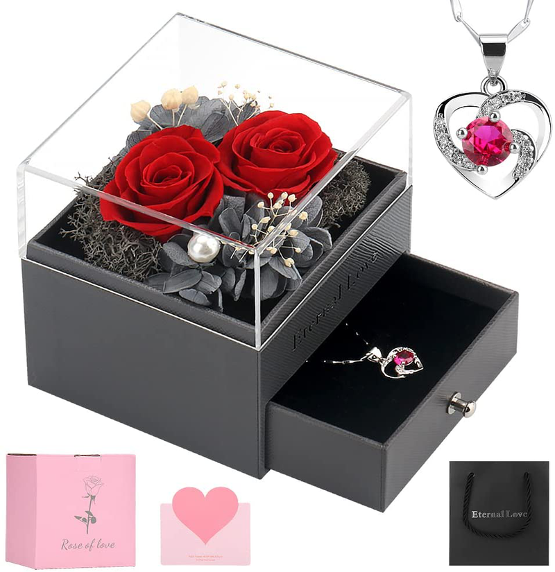 SHOKUTO Preserved Real Rose with Necklace, 2 Red Preserved Rose Flowers Birthday Gifts for Women Romantic Valentines Day Gift for Her Girlfriend Wife Mom Grandma on Anniversary Mothers Day Home & Garden > Decor > Seasonal & Holiday Decorations SHOKUTO Red  