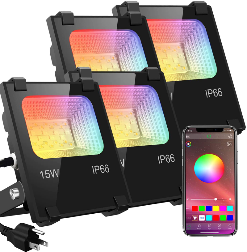LED Flood Lights RGB Color Changing 100W Equivalent Outdoor, 15W Bluetooth Smart RGB Floodlight APP Control, IP66 Waterproof, Timing, 2700K&16 Million Colors 20 Modes for Garden Stage Lighting 4 Pack Home & Garden > Lighting > Flood & Spot Lights ‎ChangM 4 Pack  