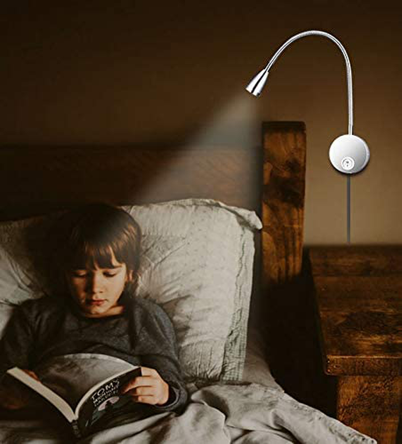 Lustaled Reading Light for Bedroom Wall Mounted Plug in 3W Gooseneck Flexible LED Wall Lamp Day Light 6000K AC 110V Night Light for Bedside Bookshelf Display(1 Pack)