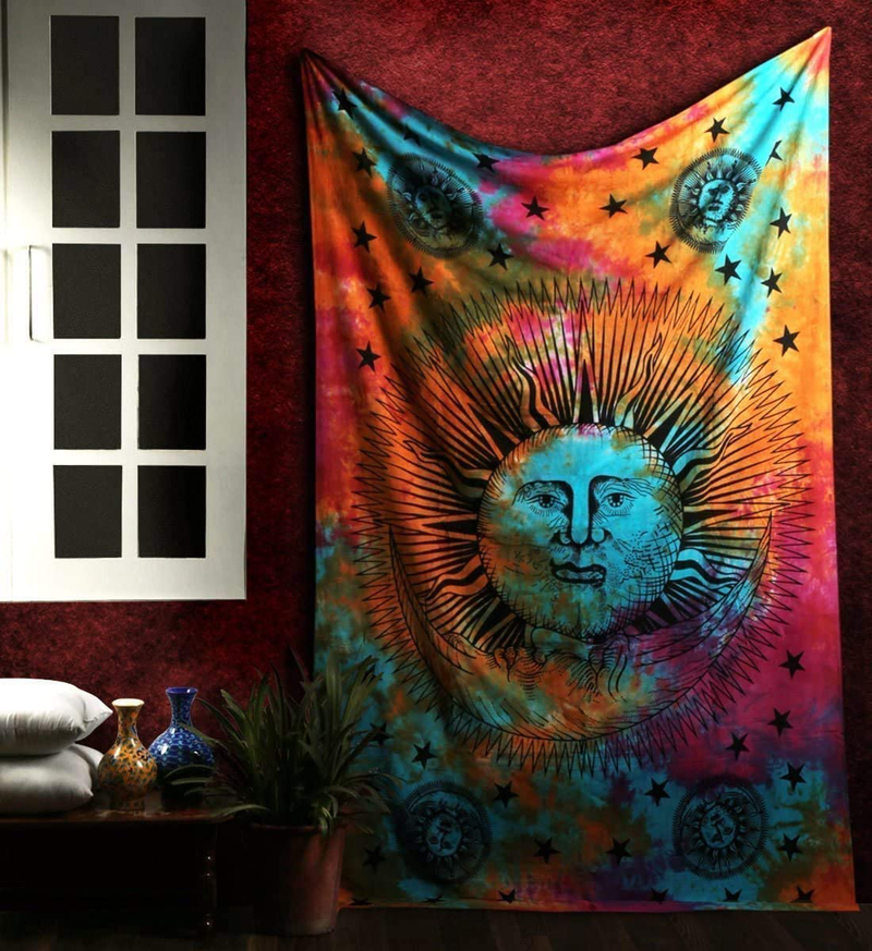 Marubhumi Psychedelic Sun Moon Stars Tie Dye Mandala Tapestry Hippie Hippy Celestial Wall Hanging Indian Trippy Bohemian Tapestries (Multi, 55 X 85 Inch (140 x 215 Cms) Home & Garden > Decor > Artwork > Decorative Tapestries Marubhumi Multicolor 82 X 92 Inch (208 x 233 Cms) 