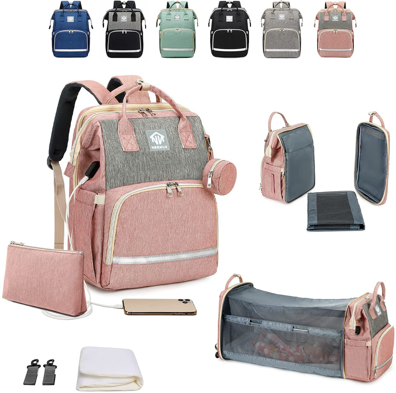 NEENUX Diaper Bag Backpack - 3 in 1 Diaper Bag with Changing Station, Baby Bag Backpack, Travel Bassinet Foldable Baby Bed, Portable Changing Pad, Diaper Bags for Baby Girl and Boy, Pacifier Case Sporting Goods > Outdoor Recreation > Camping & Hiking > Mosquito Nets & Insect Screens NEENUX Pink - Grey  