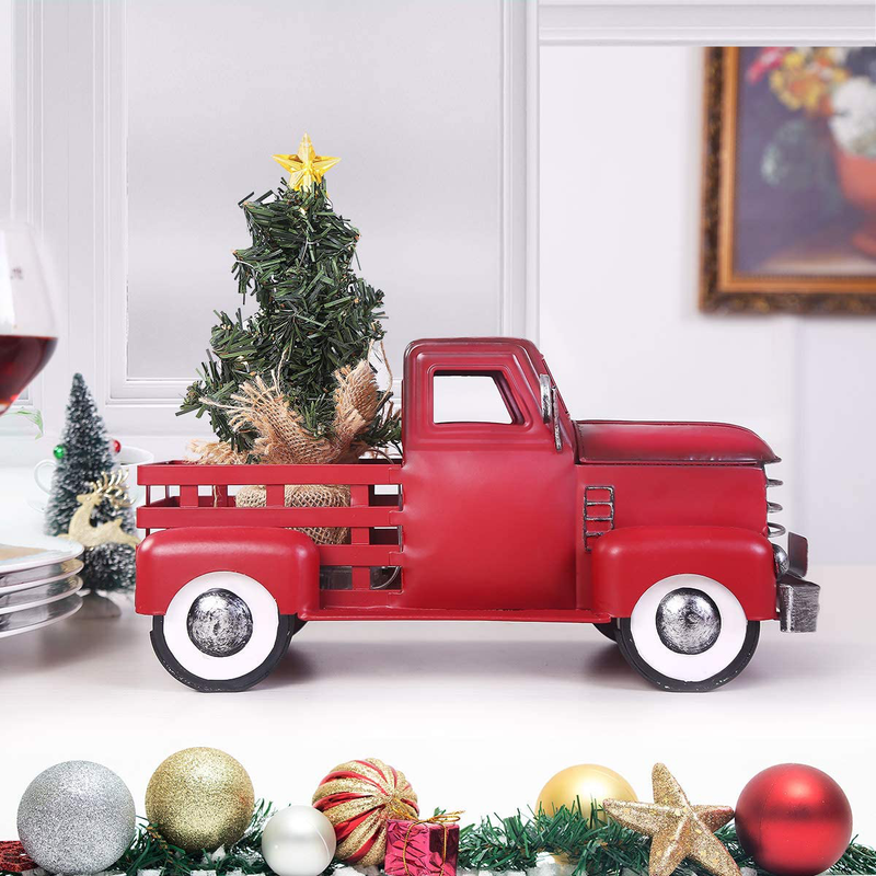 Red Metal Truck Christmas Décor with Removable LED Christmas Tree Ornament, Vintage Farmhouse Pickup Truck for Table Top Christmas Decorations, Perfect Christmas Table Centerpiece Home & Garden > Decor > Seasonal & Holiday Decorations& Garden > Decor > Seasonal & Holiday Decorations Giftchy   