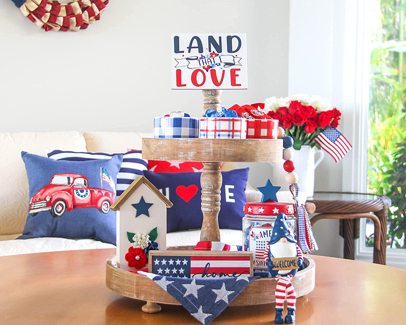 Labor Day American Decorative Tiered Tray Decor 9pc Stars and Stripes Bundle Patriotic Signs Americana Red White Blue Decorations Home & Garden > Decor > Decorative Trays Generic   
