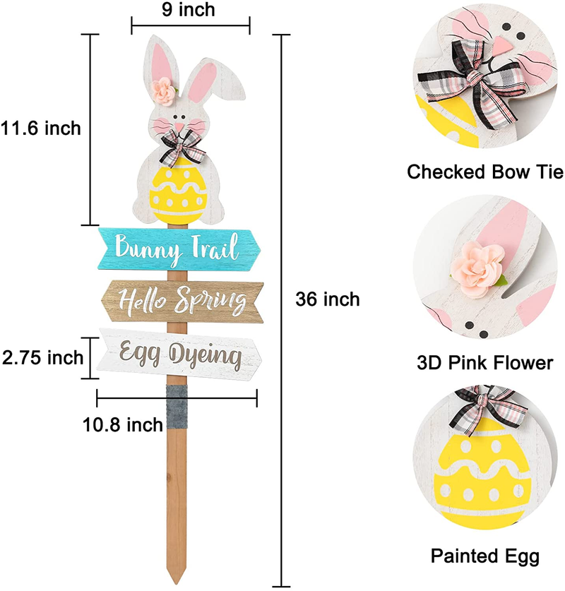 Easter Decorations Outdoor Garden Decor, Hogardeck 36 Inch Wood Decorative Garden Stake with Flower Bow Bunny Trail Stakes Spring Yard Sign Hello Spring Easter Bunny Decor for Indoor Outdoor Patio Lawn