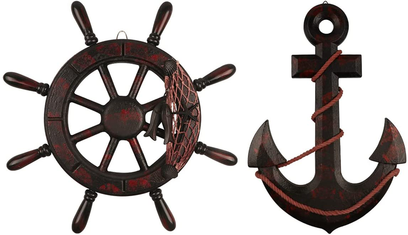 Meching Nautical Decor 2 Pack 13" Wooden Ship Wheel and Wood Anchor with Rope Nautical Boat Steering Rudder Wall Decor Door Hanging Ornament Home & Garden > Decor > Artwork > Sculptures & Statues Meching 8  