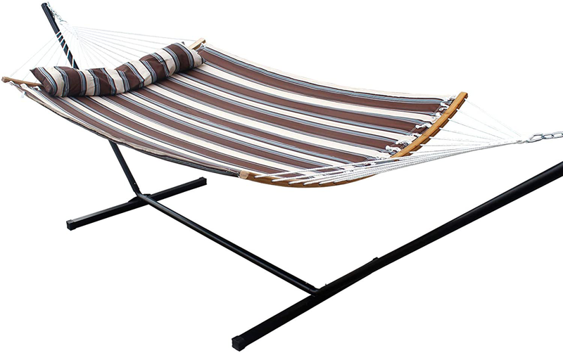 SUNNY GUARD 2 Person Hammock with Stand,Quilted Fabric,Heavy Duty Curved-Bar Bamboo with 12.8 FT Stands & Accessories，for Indoor/Outdoor Patio Catalina Beach(450 lb Capacity Home & Garden > Lawn & Garden > Outdoor Living > Hammocks SUNNY GUARD Brown Stripes  