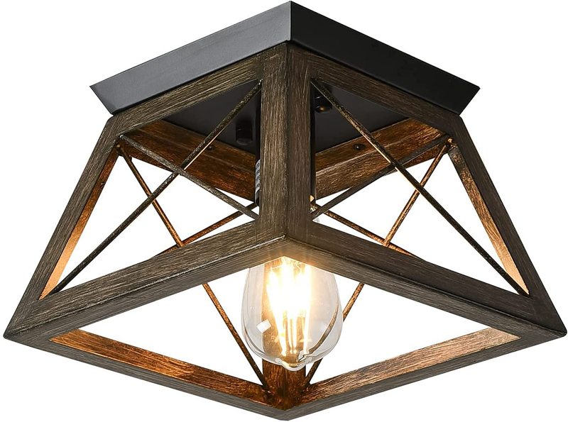 PUSU Farmhouse Light Fixture,One-Light Metal Open Caged Flush Mount Ceiling Light with Brown Wooden Grain Finish Light Fixtures for Entryway Hallway and Stairway