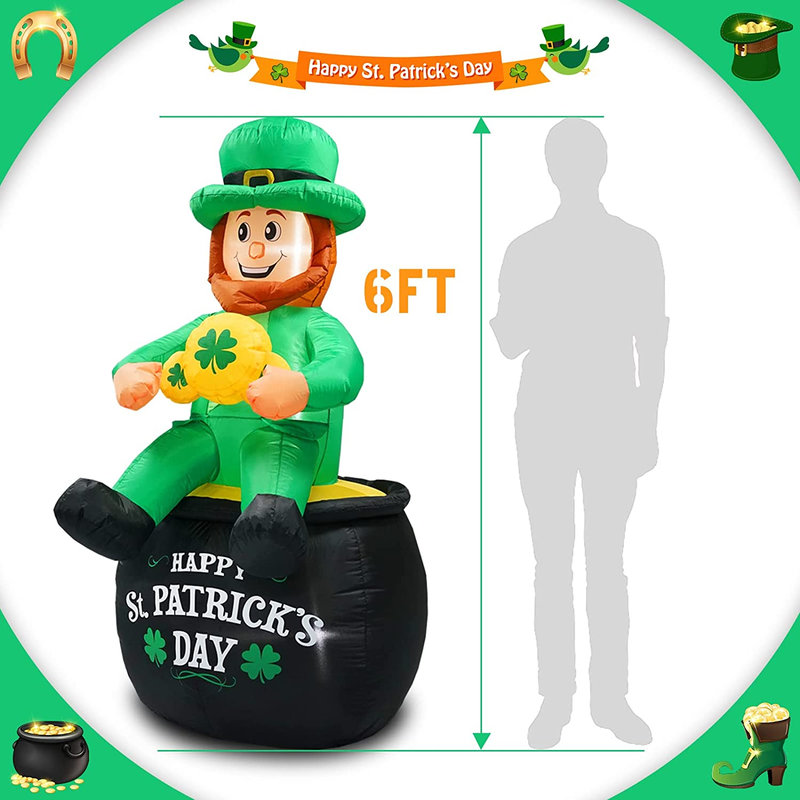 Favehome 6 Ft St Patricks Day Inflatable Leprechaun Sitting on the Pot of Gold Holding Lucky Lighted Shamrock Outdoor Yard Garden Decoration Arts & Entertainment > Party & Celebration > Party Supplies FaveHome   
