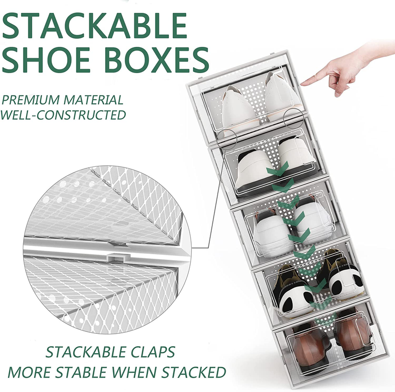 Stackable Shoe Box Foldable Clear 12 Pack, DHMAKER Shoe Storage Boxes Women Men Plastic Dustproof for Sneaker, Heel, Sandal Assembleable- White Furniture > Cabinets & Storage > Armoires & Wardrobes DHMAKER   